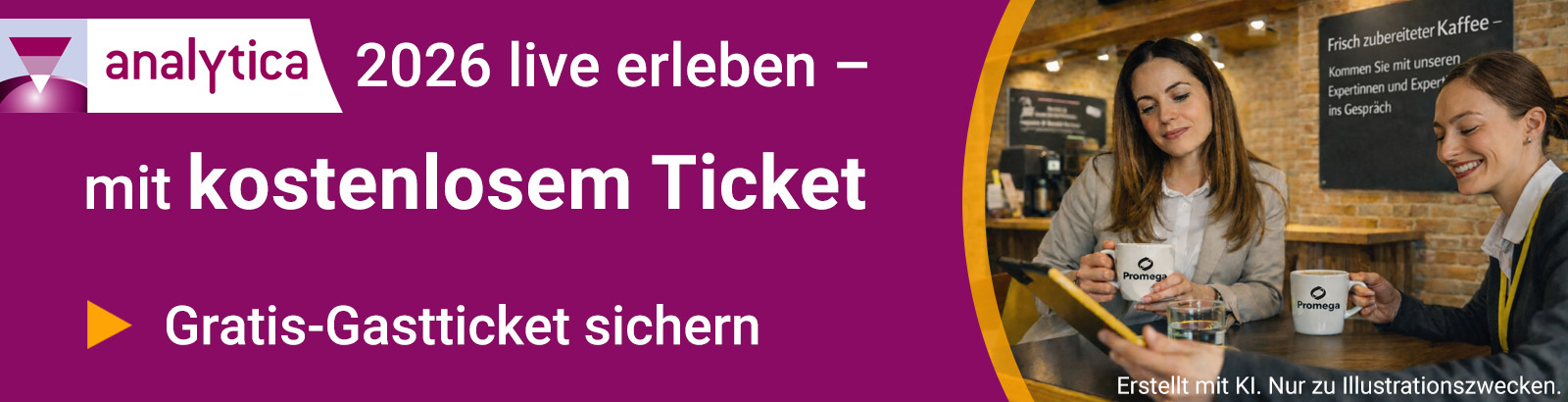 Banner zur Analytica 2026 mit Promega Messestand, Kaffeebar und persönlichem Austausch